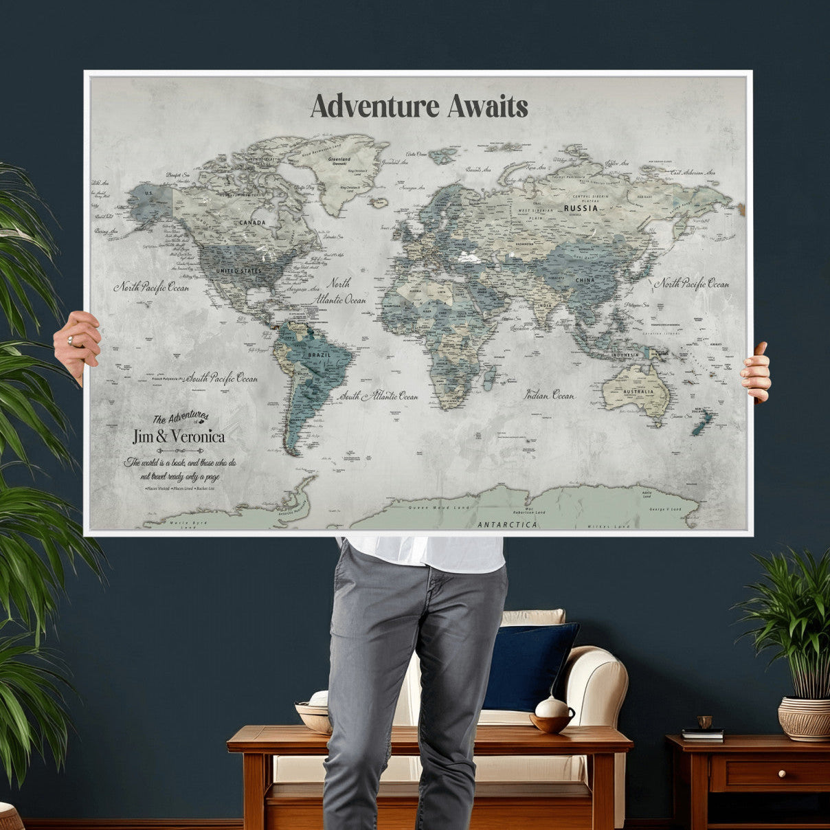 11945570-MGV-CV-36X24 - Custom Push Pin World Map Wall Art Canvas Print – Personalized Travel Tracker with Pins Framed Large for Home and Office Decor