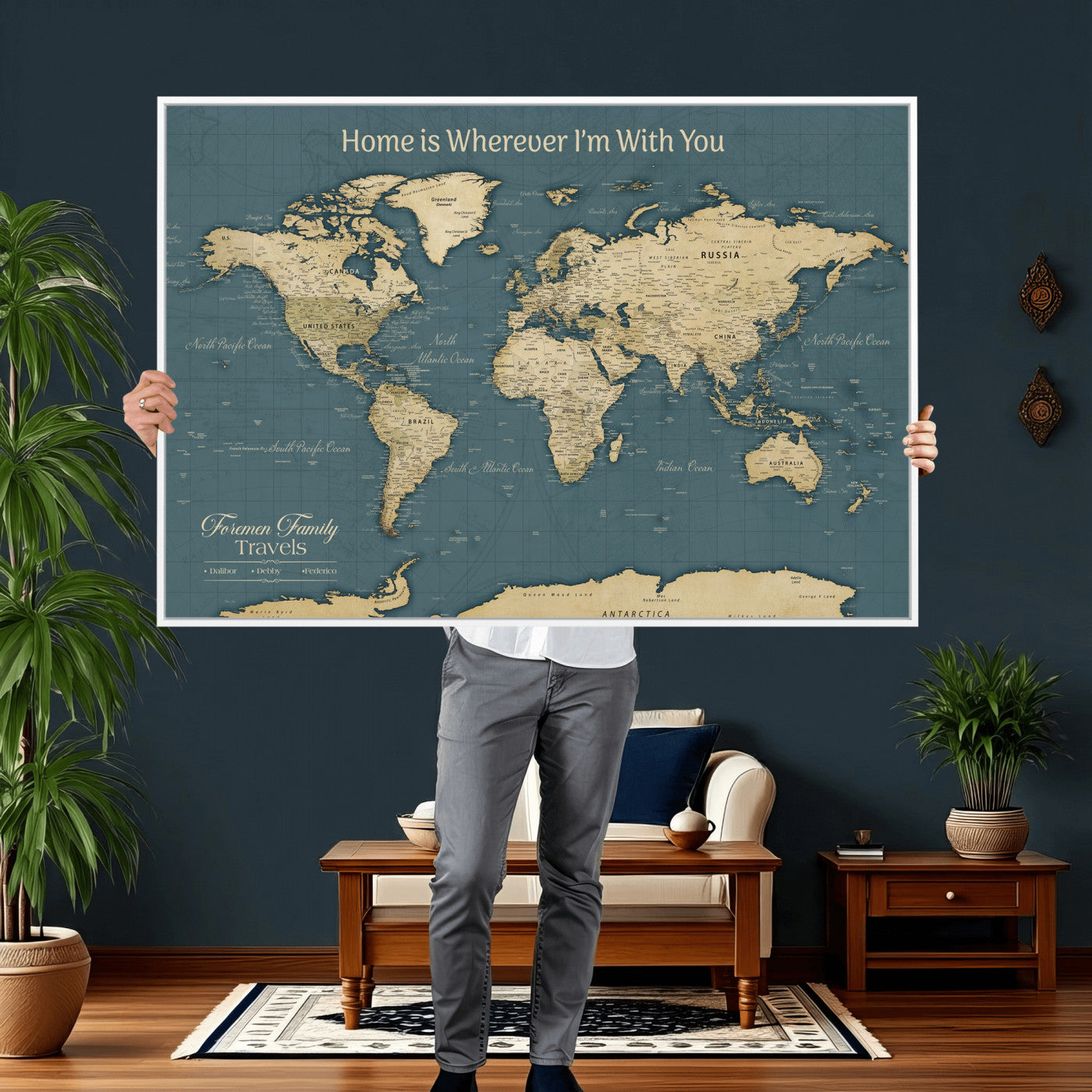 15936891-MGV-CV-36X24 - Custom Push Pin World Map Wall Art Canvas Print – Personalized Travel Tracker with Pins Framed Large for Home and Office Decor