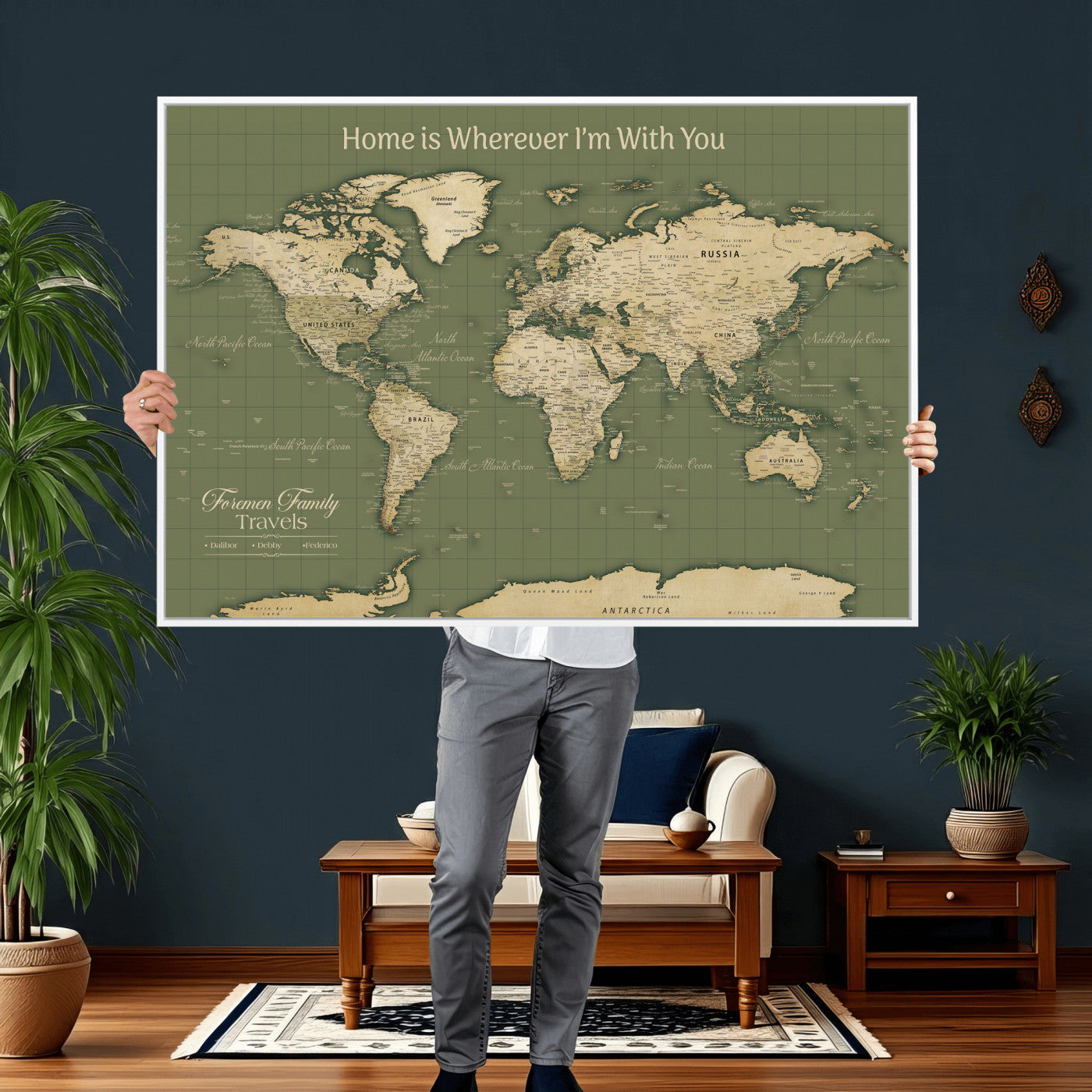 88521244-MGV-CV-36X24 - Custom Push Pin World Map Wall Art Canvas Print – Personalized Travel Tracker with Pins Framed Large for Home and Office Decor