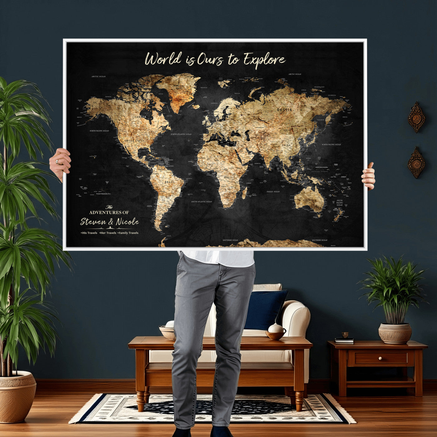 73732636-MGV-CV-36X24 - Custom Push Pin World Map Wall Art Canvas Print – Personalized Travel Tracker with Pins Framed Large for Home and Office Decor