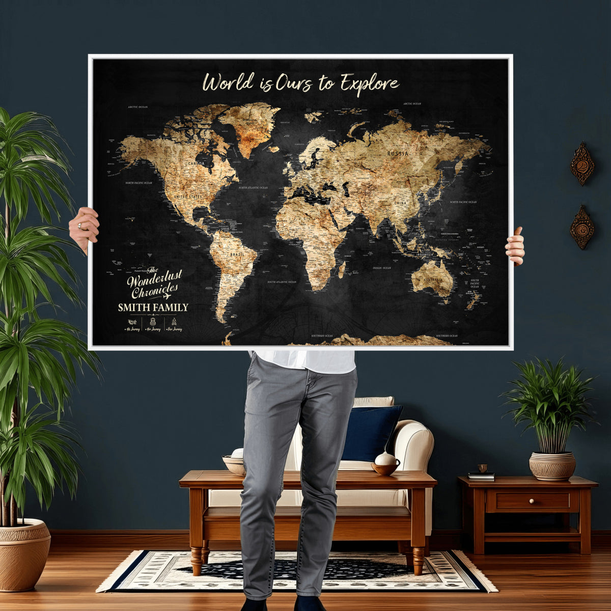 73732636-MGV-CV-36X24 - Custom Push Pin World Map Wall Art Canvas Print – Personalized Travel Tracker with Pins Framed Large for Home and Office Decor