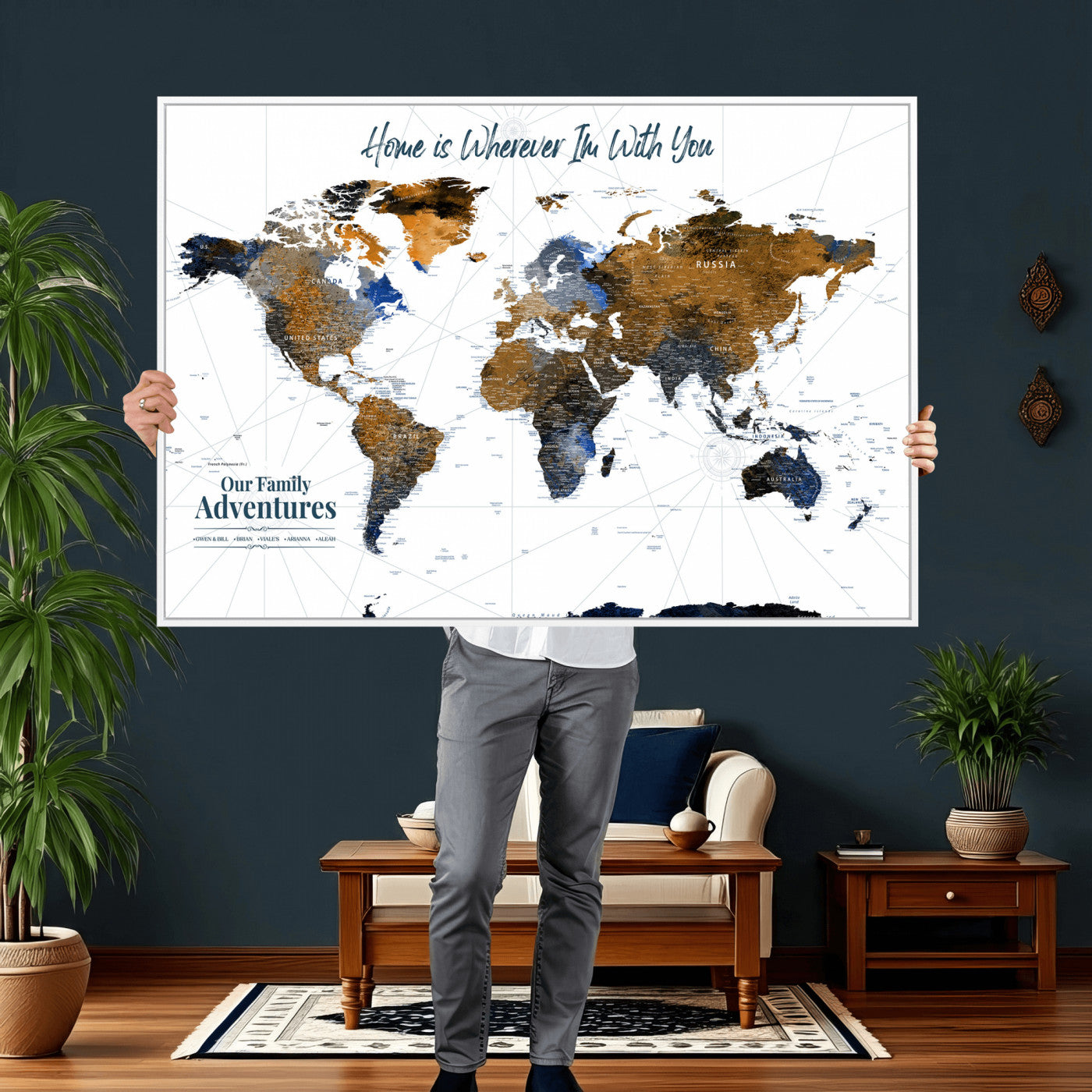 75259864-MGV-CV-36X24 - Custom Push Pin World Map Wall Art Canvas Print – Personalized Travel Tracker with Pins Framed Large for Home and Office Decor