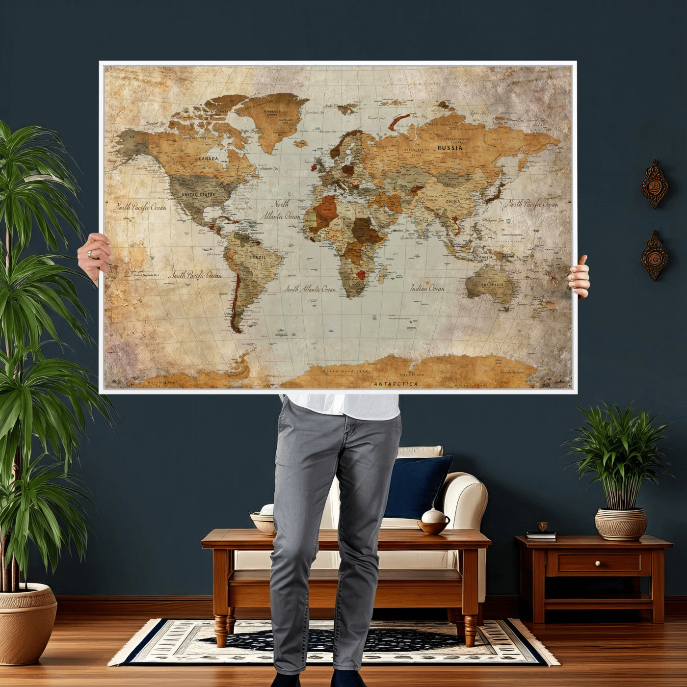 74176056-MGV-CV-36X24 - World Map Wall Art Canvas Print, Modern Decorative Framed Map Artwork Prints for Living Room, Office, Bedroom Wall Decor