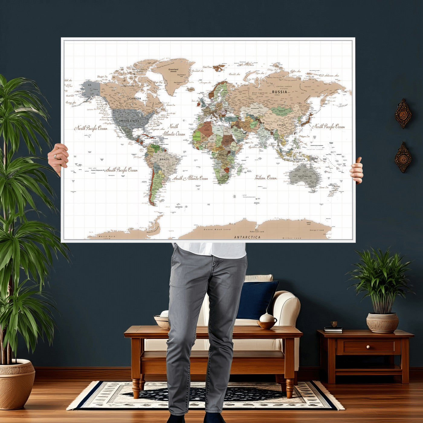 91286788-MGV-CV-36X24 - World Map Wall Art Canvas Print, Modern Decorative Framed Map Artwork Prints for Living Room, Office, Bedroom Wall Decor