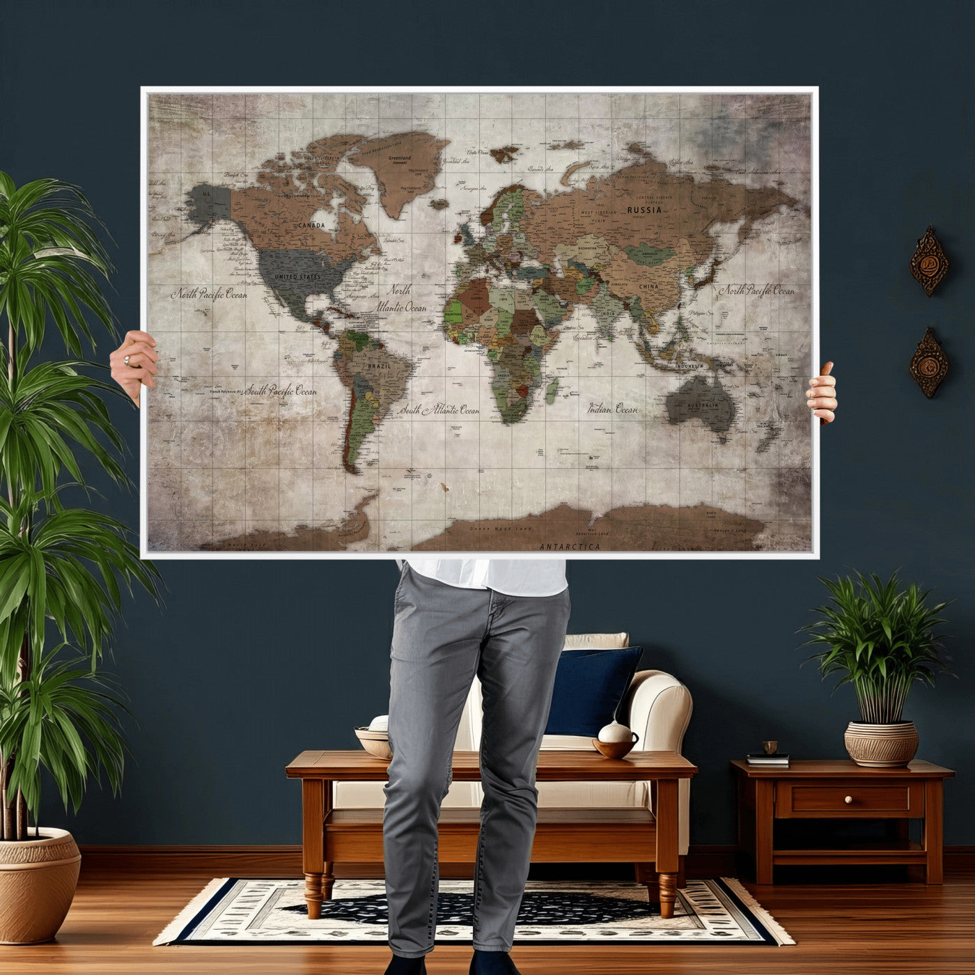 65393892-MGV-CV-36X24 - World Map Wall Art Canvas Print, Modern Decorative Framed Map Artwork Prints for Living Room, Office, Bedroom Wall Decor