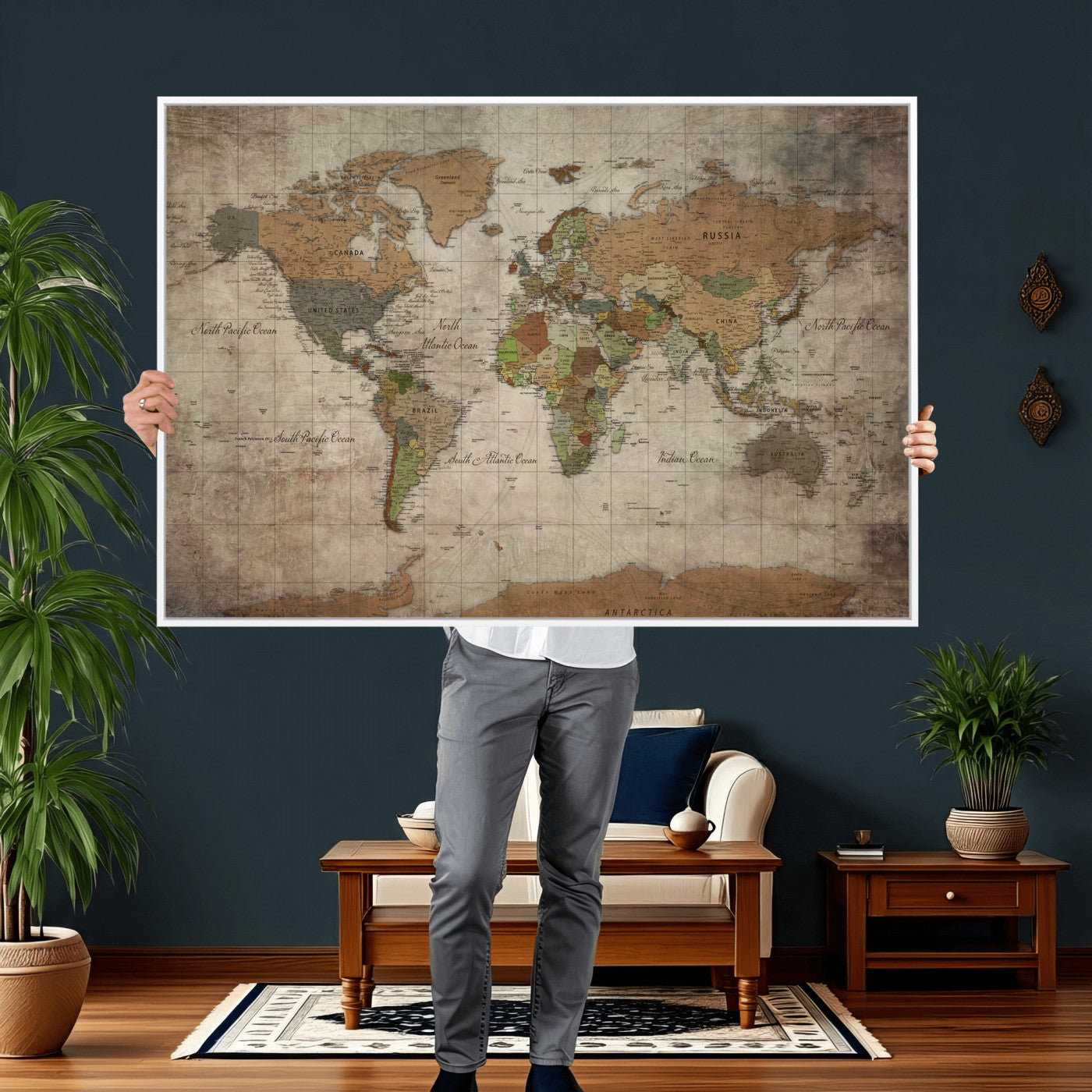 20356264-MGV-CV-36X24 - World Map Wall Art Canvas Print, Modern Decorative Framed Map Artwork Prints for Living Room, Office, Bedroom Wall Decor