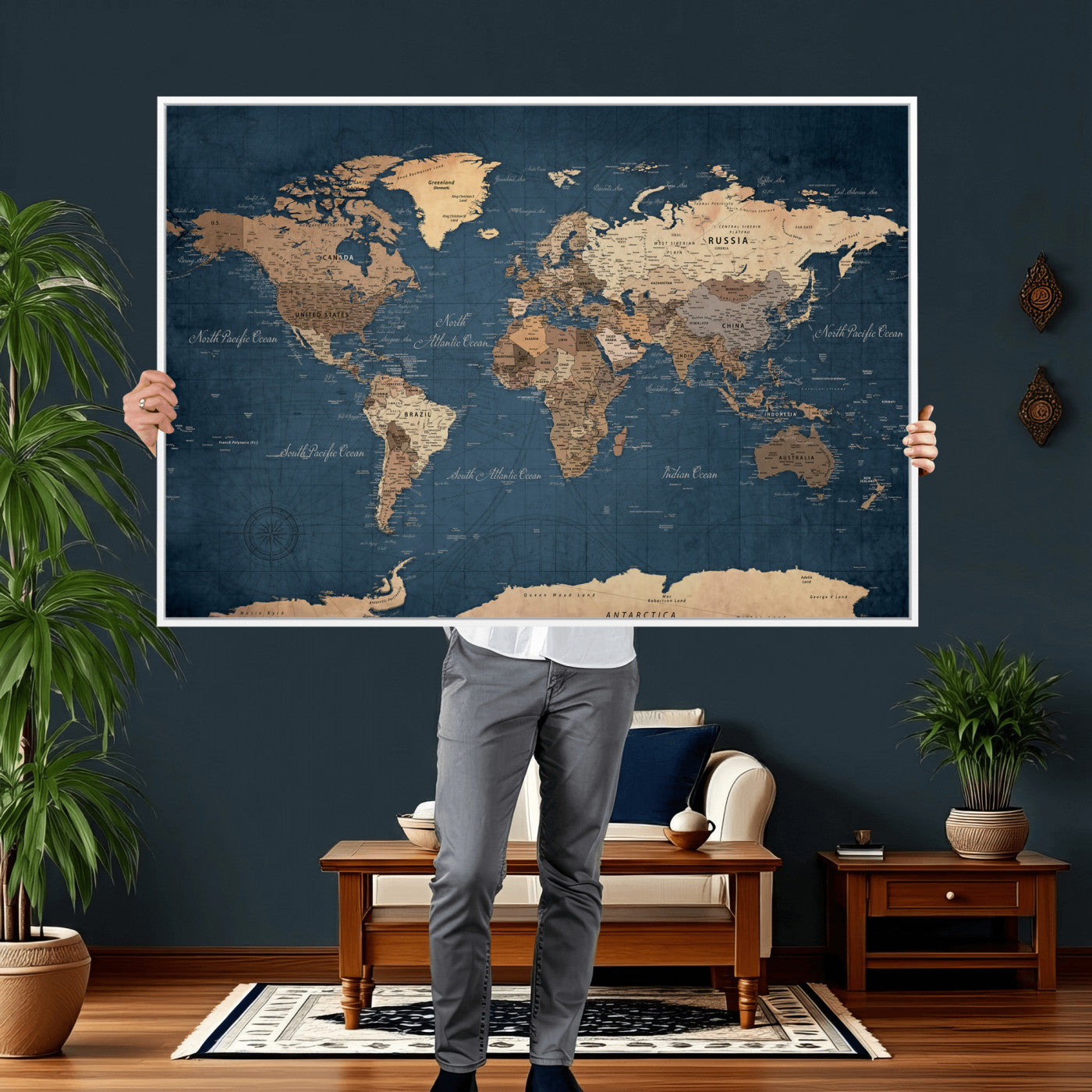69886352-MGV-CV-36X24 - World Map Wall Art Canvas Print, Modern Decorative Framed Map Artwork Prints for Living Room, Office, Bedroom Wall Decor