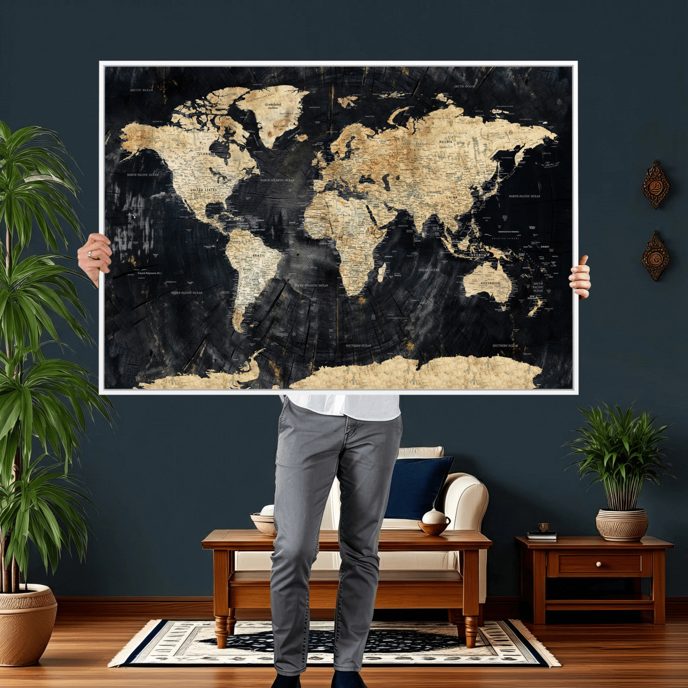 45535041-MGV-CV-36X24 - World Map Wall Art Canvas Print, Modern Decorative Framed Map Artwork Prints for Living Room, Office, Bedroom Wall Decor