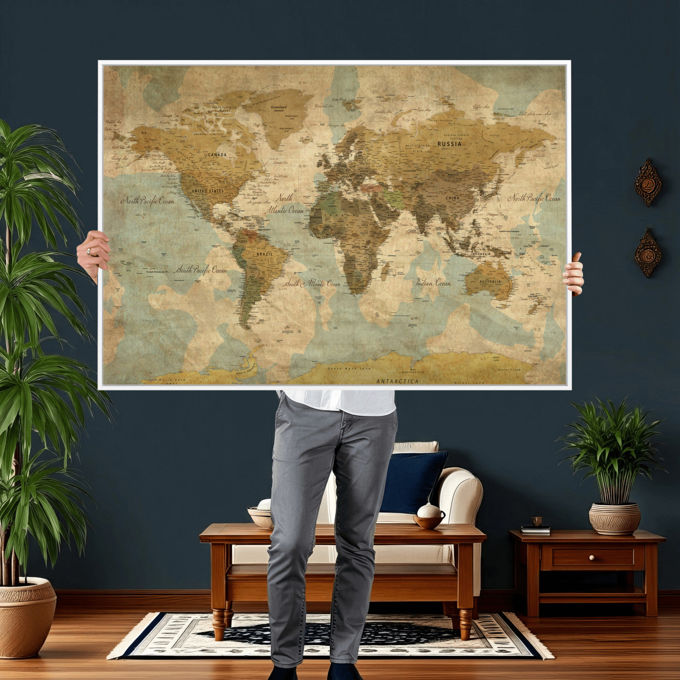 89356927-MGV-CV-36X24 - World Map Wall Art Canvas Print, Modern Decorative Framed Map Artwork Prints for Living Room, Office, Bedroom Wall Decor