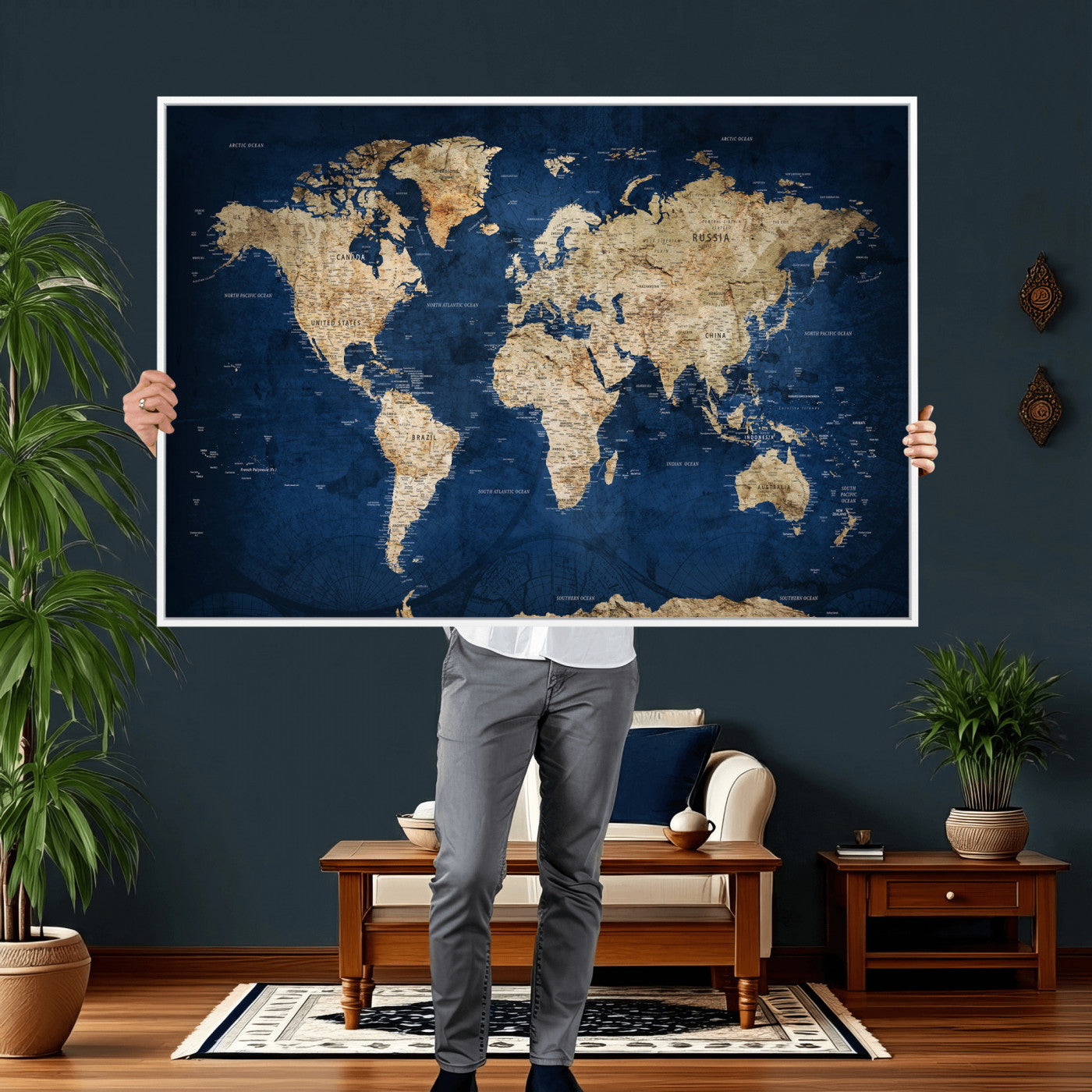 57503519-MGV-CV-36X24 - World Map Wall Art Canvas Print, Modern Decorative Framed Map Artwork Prints for Living Room, Office, Bedroom Wall Decor