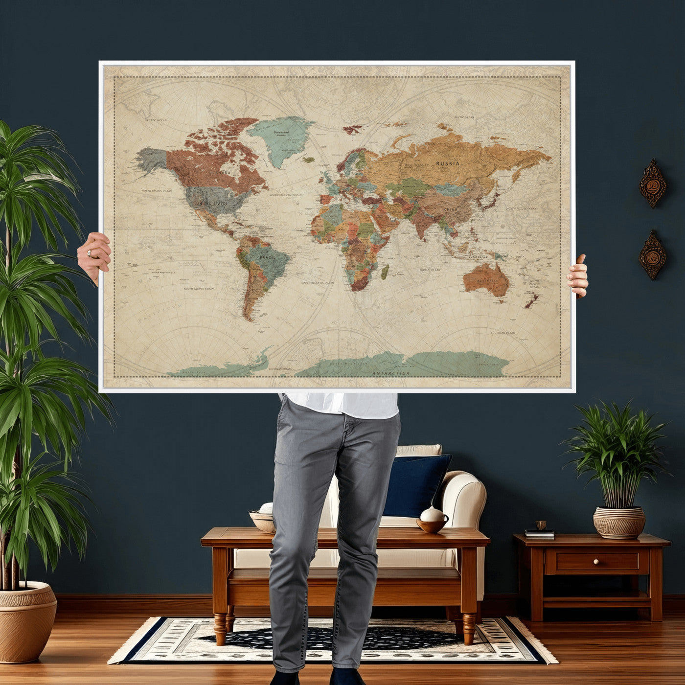 68428598-MGV-CV-36X24 - World Map Wall Art Canvas Print, Modern Decorative Framed Map Artwork Prints for Living Room, Office, Bedroom Wall Decor