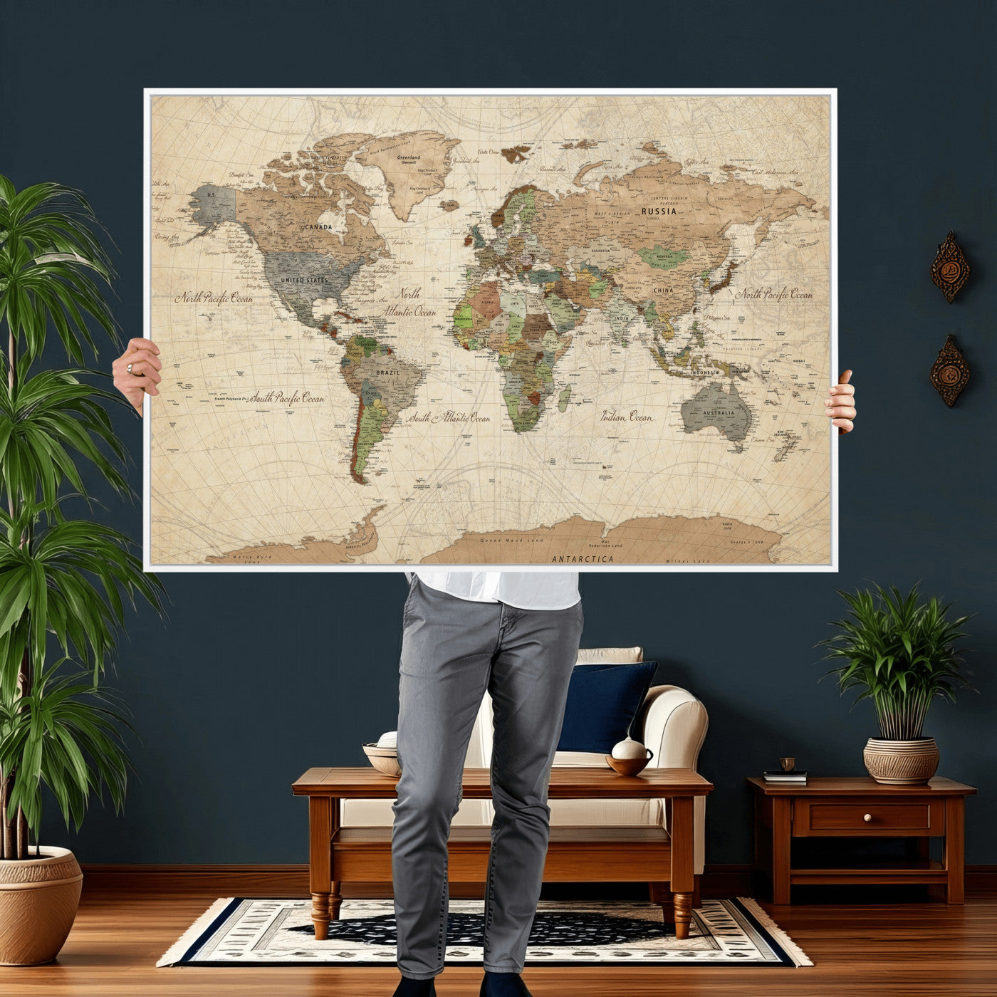 36735609-MGV-CV-36X24 - World Map Wall Art Canvas Print, Modern Decorative Framed Map Artwork Prints for Living Room, Office, Bedroom Wall Decor