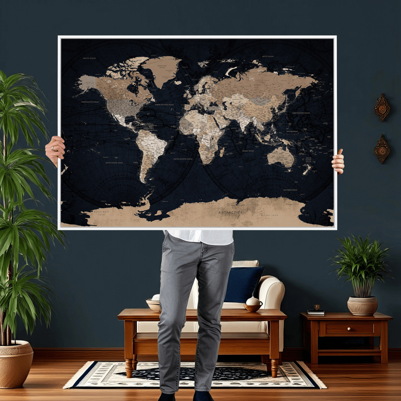 25812727-MGV-CV-36X24 - World Map Wall Art Canvas Print, Modern Decorative Framed Map Artwork Prints for Living Room, Office, Bedroom Wall Decor