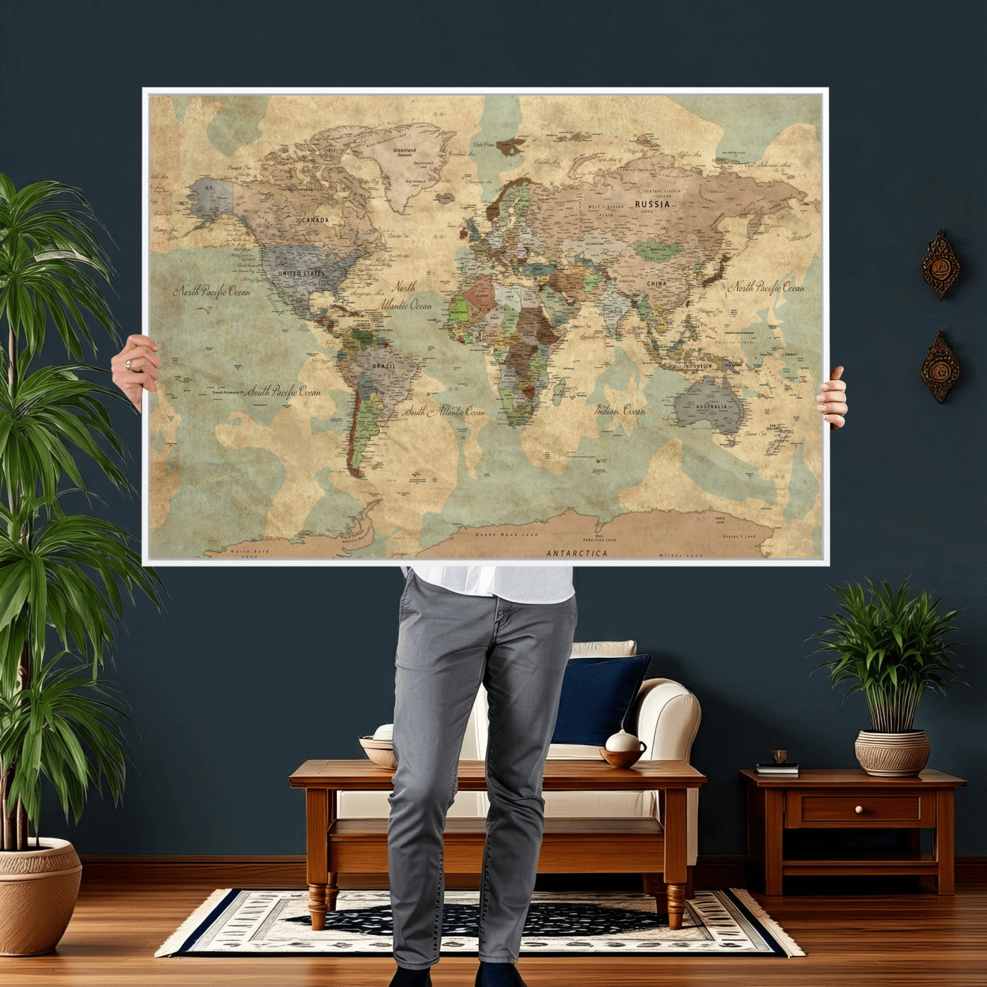 72396478-MGV-CV-36X24 - World Map Wall Art Canvas Print, Modern Decorative Framed Map Artwork Prints for Living Room, Office, Bedroom Wall Decor