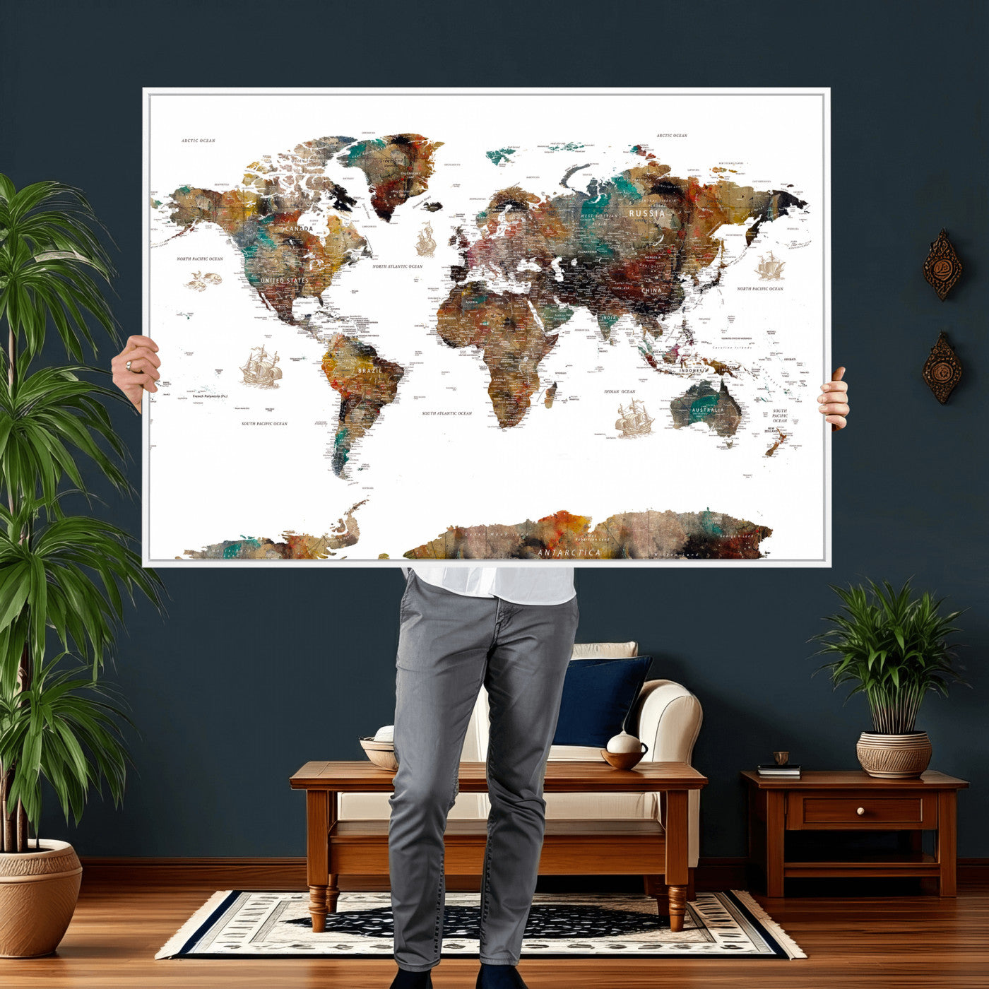 82293175-MGV-CV-36X24 - World Map Wall Art Canvas Print, Modern Decorative Framed Map Artwork Prints for Living Room, Office, Bedroom Wall Decor