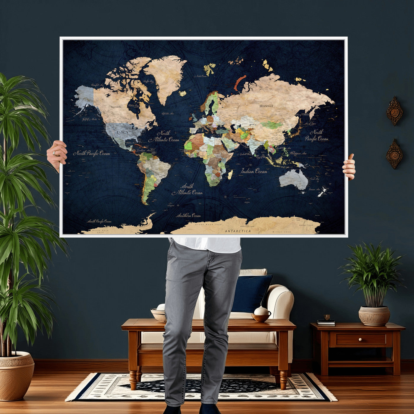 76603563-MGV-CV-36X24 - World Map Wall Art Canvas Print, Modern Decorative Framed Map Artwork Prints for Living Room, Office, Bedroom Wall Decor