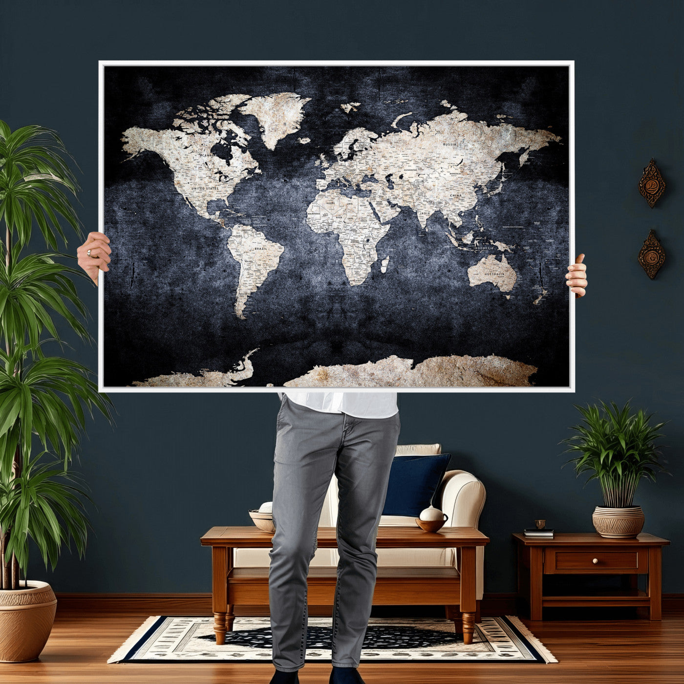 41193404-MGV-CV-36X24 - World Map Wall Art Canvas Print, Modern Decorative Framed Map Artwork Prints for Living Room, Office, Bedroom Wall Decor