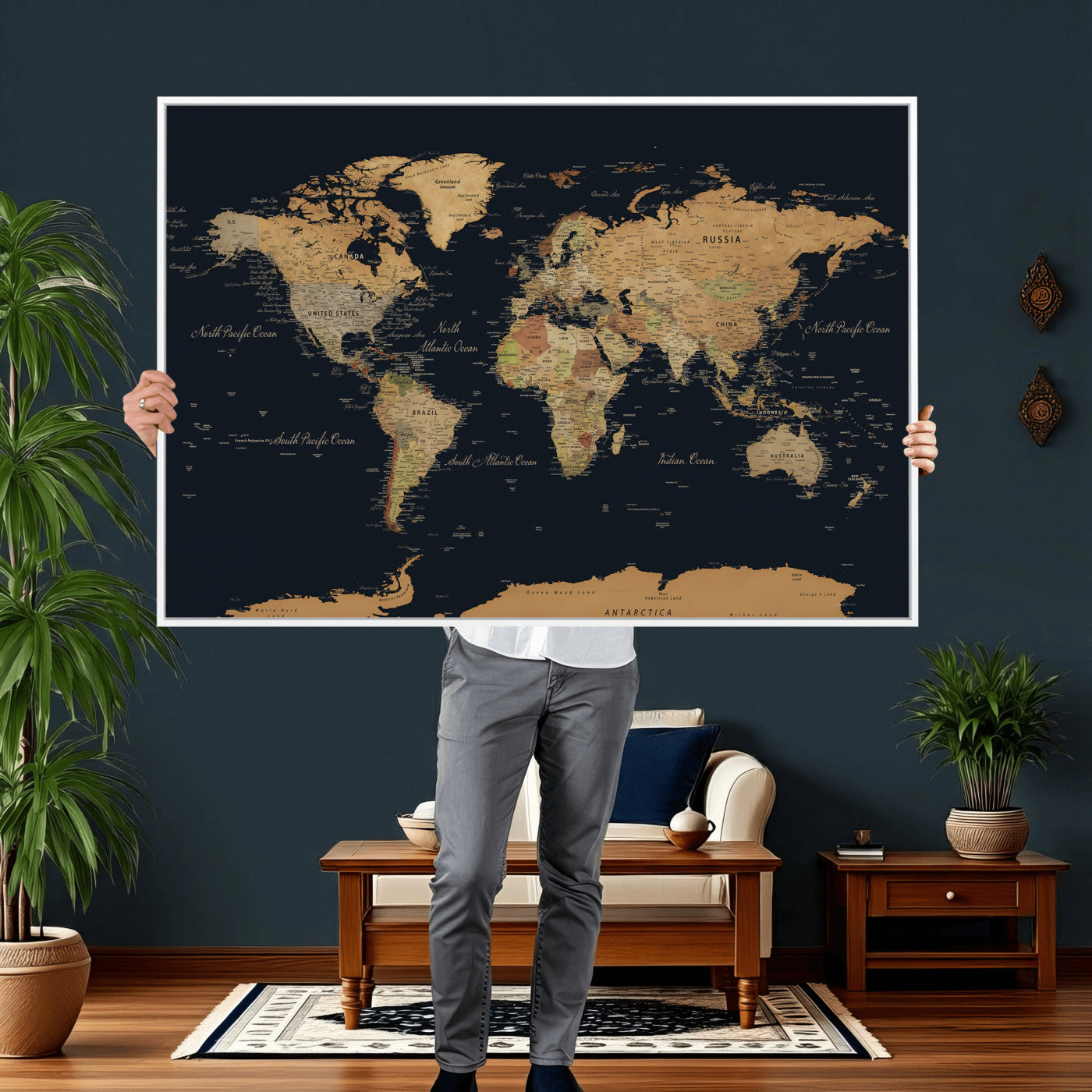 36916368-MGV-CV-36X24 - World Map Wall Art Canvas Print, Modern Decorative Framed Map Artwork Prints for Living Room, Office, Bedroom Wall Decor