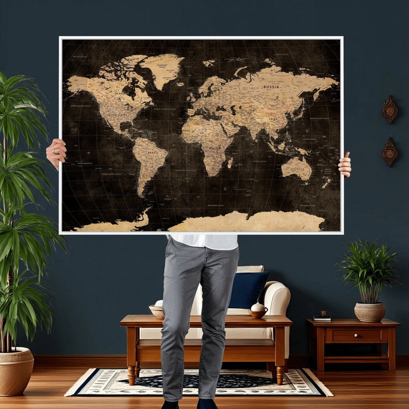 17790470-MGV-CV-36X24 - World Map Wall Art Canvas Print, Modern Decorative Framed Map Artwork Prints for Living Room, Office, Bedroom Wall Decor
