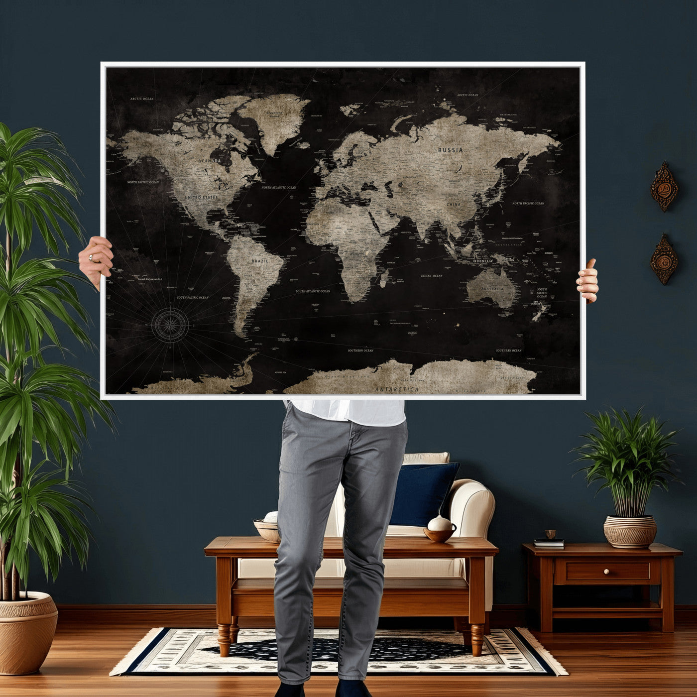 56225956-MGV-CV-36X24 - World Map Wall Art Canvas Print, Modern Decorative Framed Map Artwork Prints for Living Room, Office, Bedroom Wall Decor