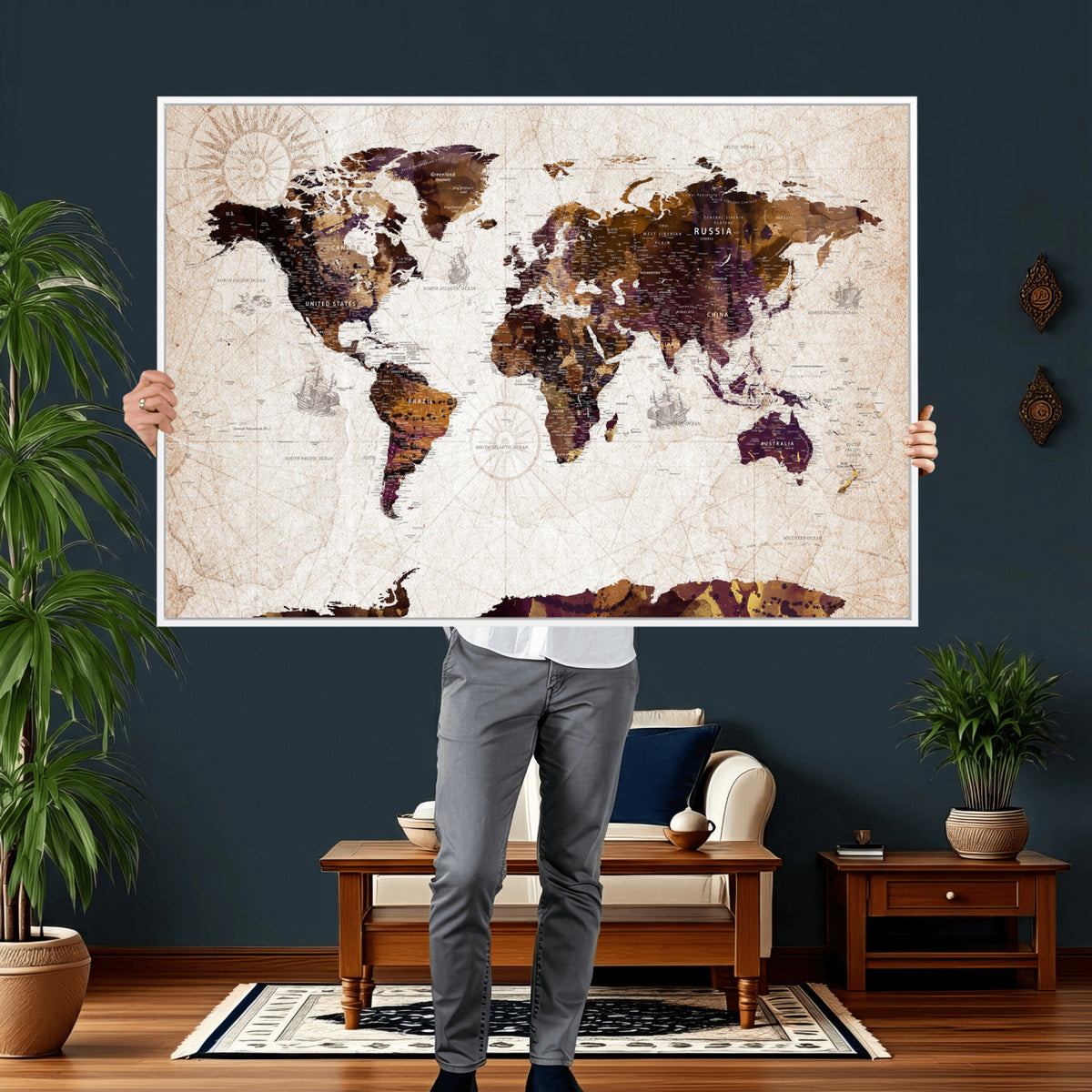 53400857-MGV-CV-36X24 - Blue Watercolor World Map Canvas Print – Framed Modern Wall