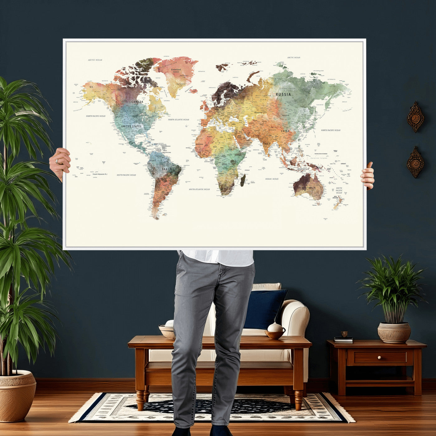 64206059-MGV-CV-36X24 - World Map Wall Art Canvas Print, Modern Decorative Framed Map Artwork Prints for Living Room, Office, Bedroom Wall Decor