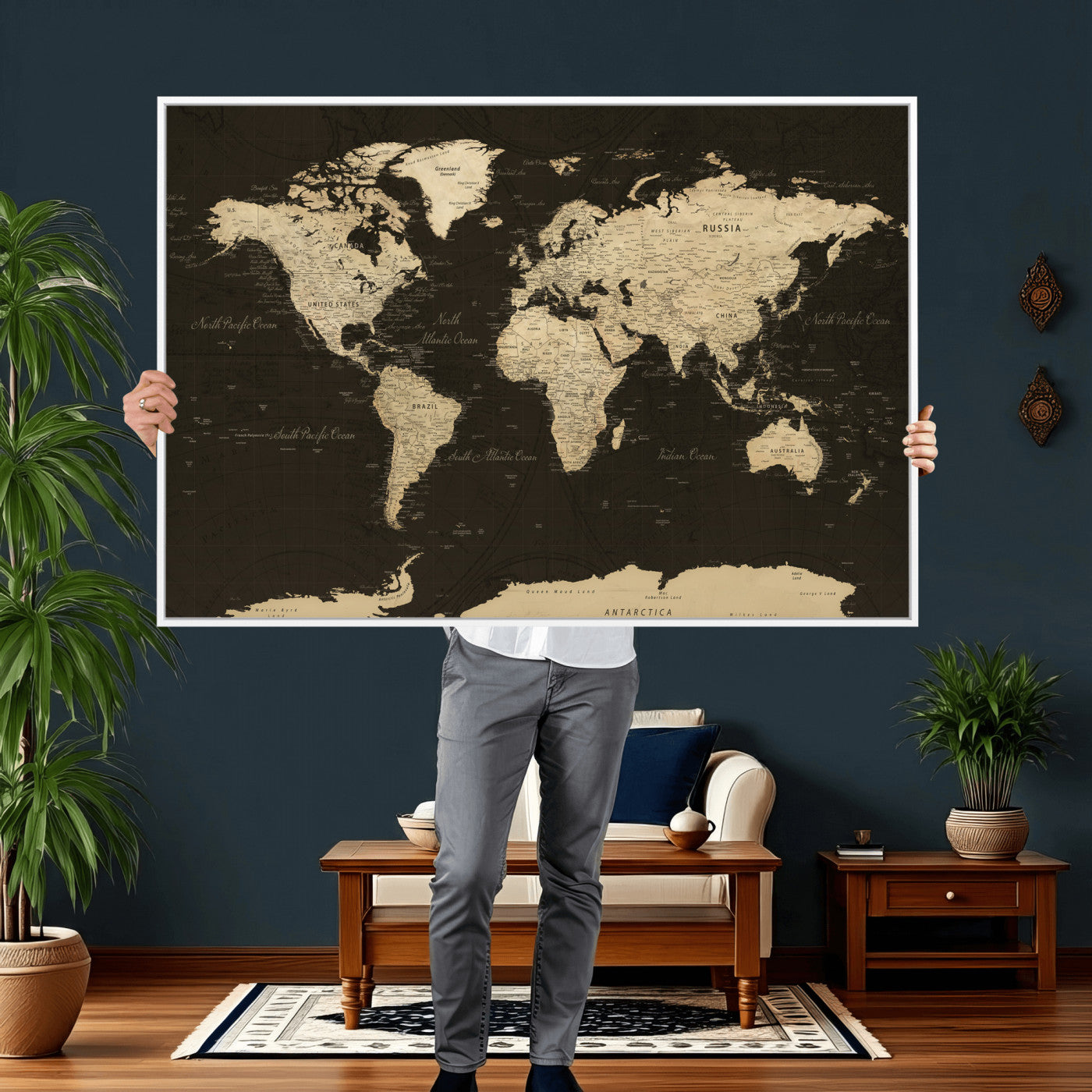 89024244-MGV-CV-36X24 - World Map Wall Art Canvas Print, Modern Decorative Framed Map Artwork Prints for Living Room, Office, Bedroom Wall Decor