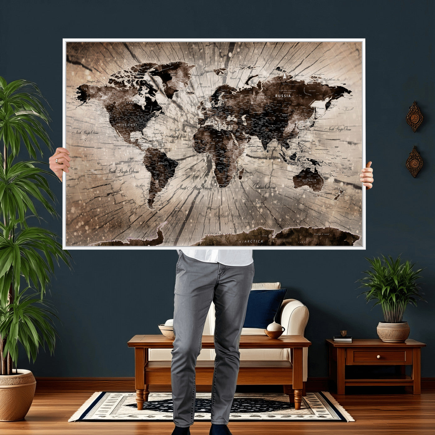 94623295-MGV-CV-36X24 - World Map Wall Art Canvas Print, Modern Decorative Framed Map Artwork Prints for Living Room, Office, Bedroom Wall Decor