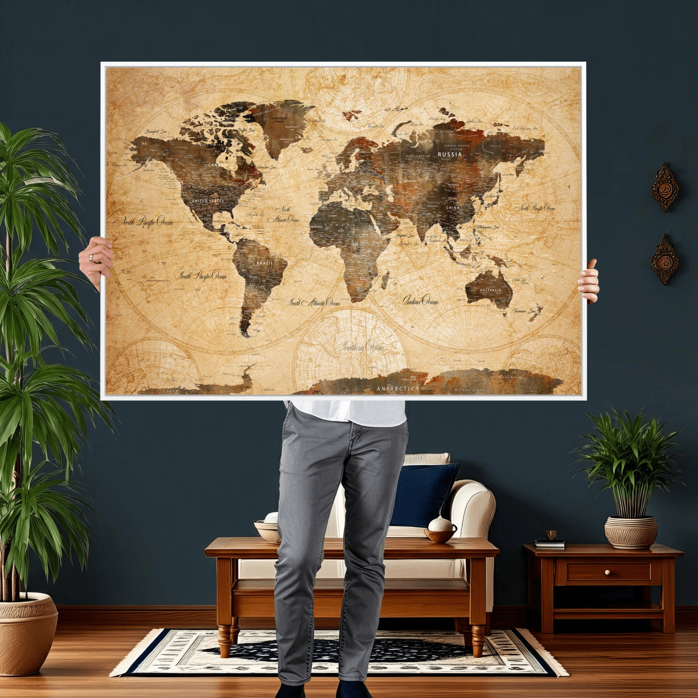 63156625-MGV-CV-36X24 - World Map Wall Art Canvas Print, Modern Decorative Framed Map Artwork Prints for Living Room, Office, Bedroom Wall Decor