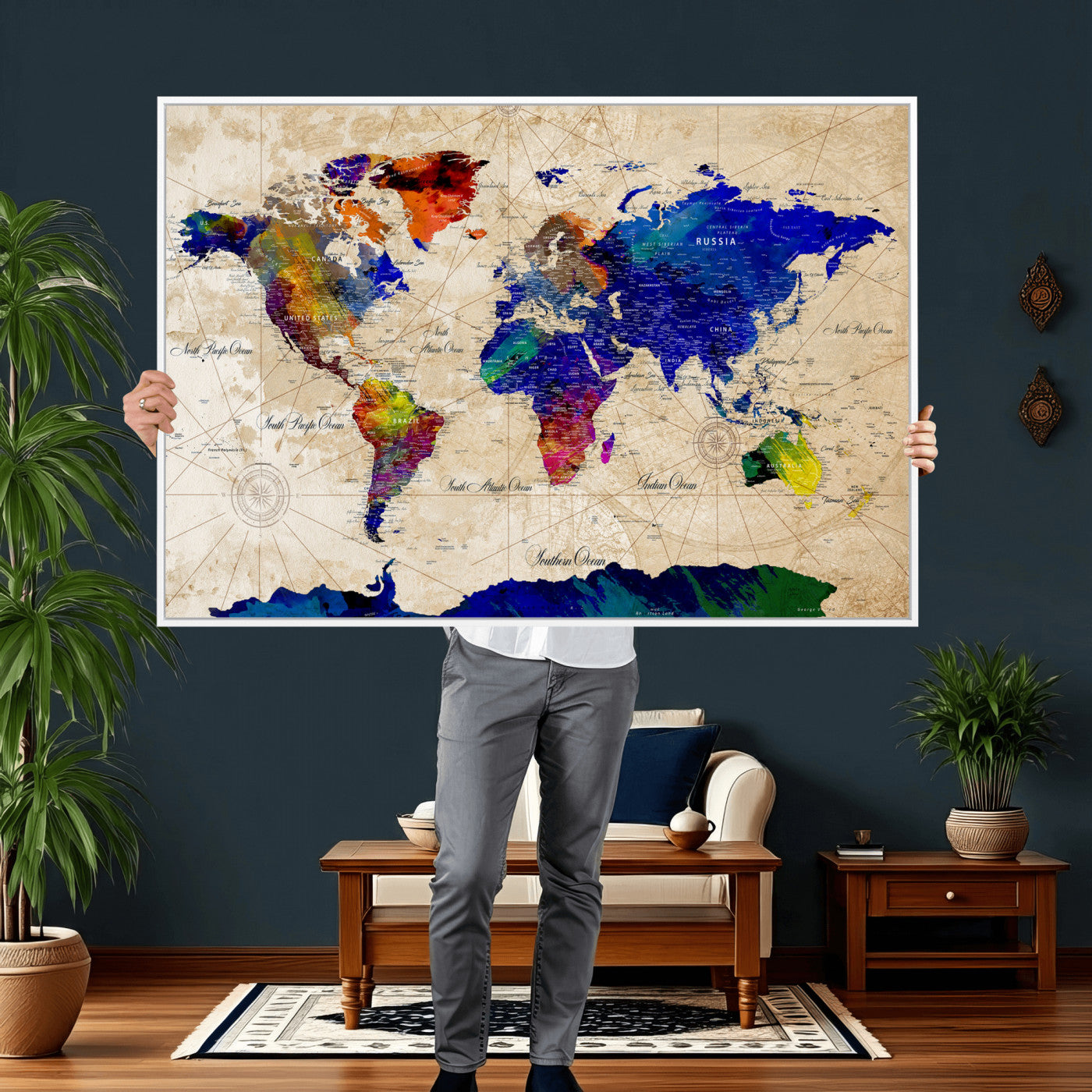 26284075-MGV-CV-36X24 - World Map Wall Art Canvas Print, Modern Decorative Framed Map Artwork Prints for Living Room, Office, Bedroom Wall Decor