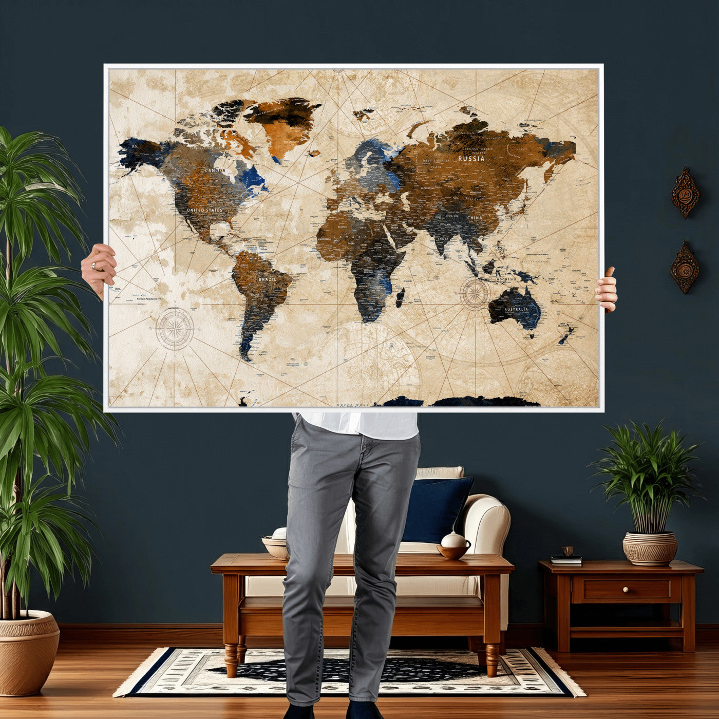 15727090-MGV-CV-36X24 - World Map Wall Art Canvas Print, Modern Decorative Framed Map Artwork Prints for Living Room, Office, Bedroom Wall Decor