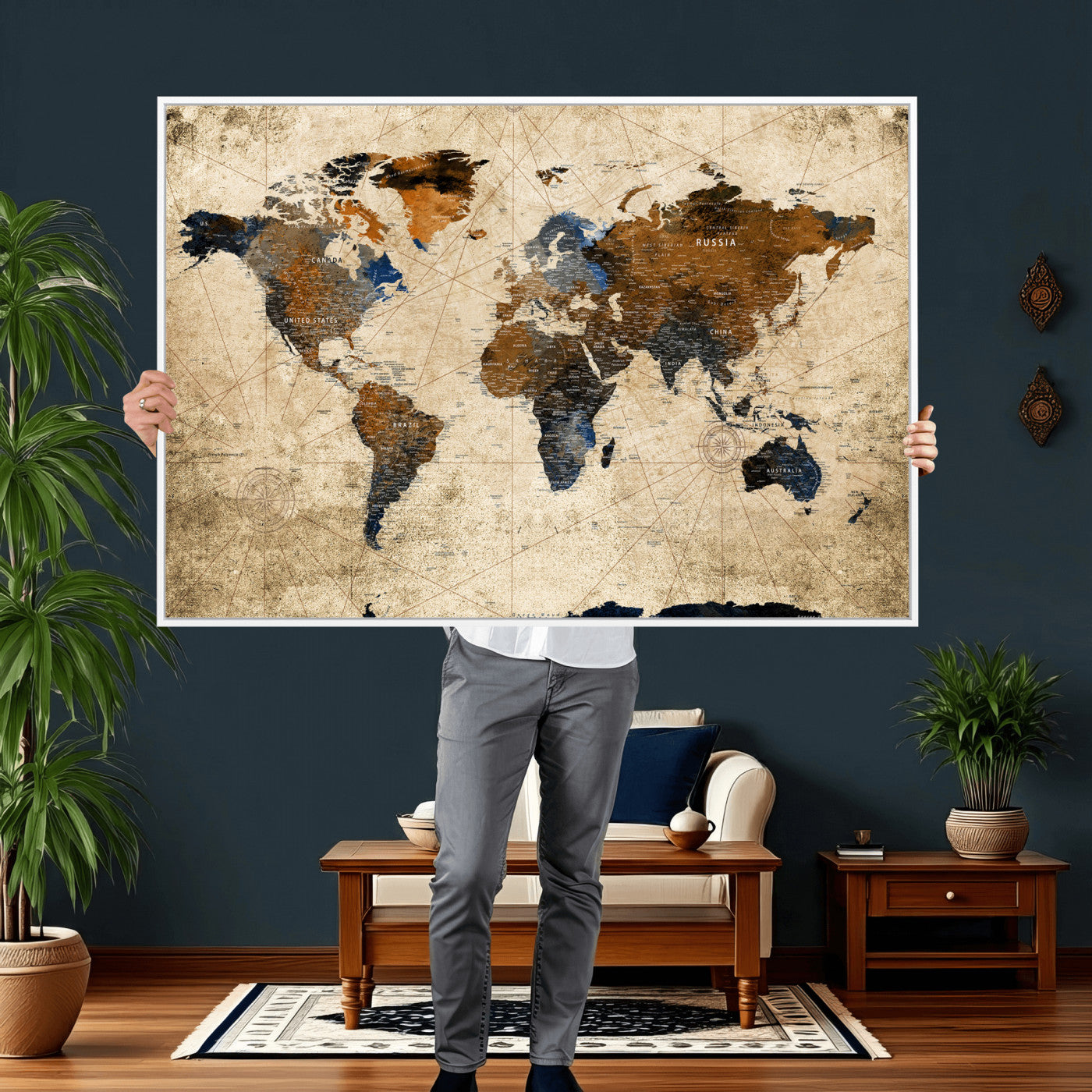 27163414-MGV-CV-36X24 - World Map Wall Art – Rustic Earth Tone Canvas Print, Antique Travel Map Design for Living Room, Office or Study, Classic Adventure Decor