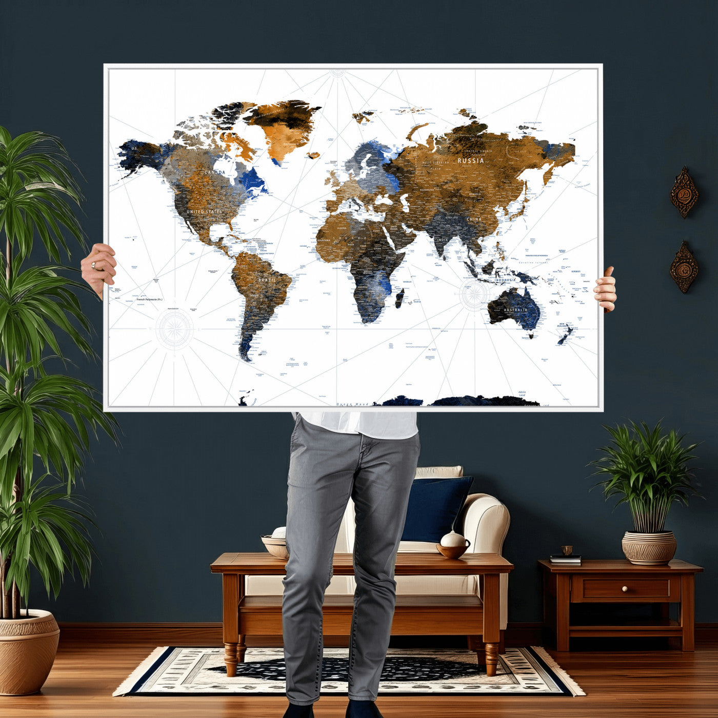 56364879-MGV-CV-36X24 - World Map Wall Art Canvas Print, Modern Decorative Framed Map Artwork Prints for Living Room Decor