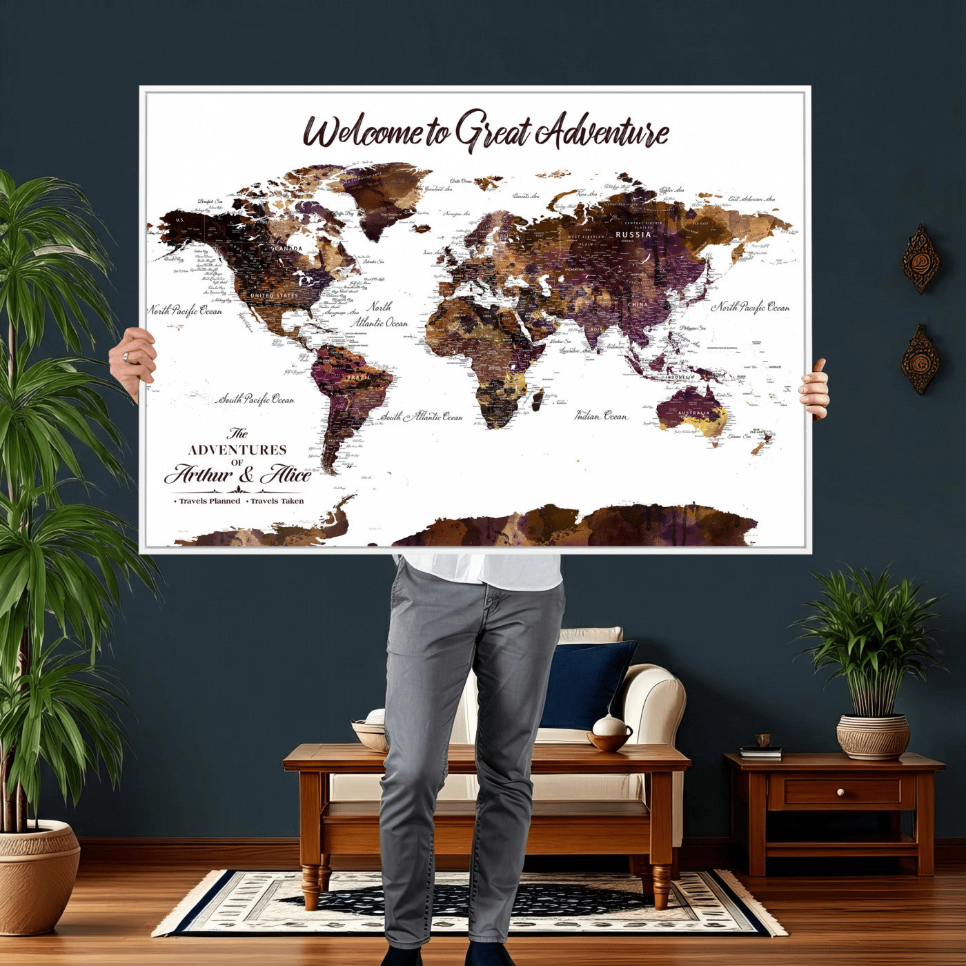 64110391125-MGV-CV-36X24 - Custom Push Pin World Map Wall Art Canvas Print – Personalized Travel Tracker with Pins Framed Large for Home and Office Decor