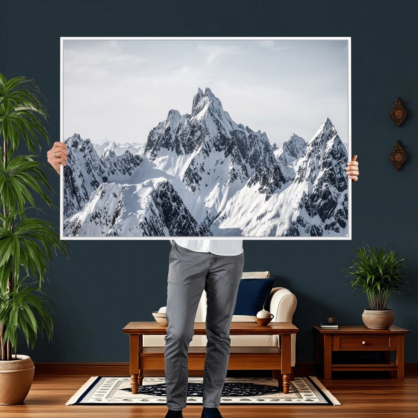 33126265-MGV-CV-36X24 - Snowy Mountain Range Canvas Print, Alpine Peaks Landscape Wall Art, Framed Canvas Ready to Hang