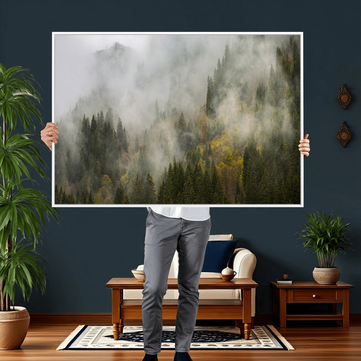 31152954-MGV-CV-36X24 - Misty Mountain Forest Canvas Print, Foggy Pine Trees Nature Wall Art, Framed Canvas Ready to Hang