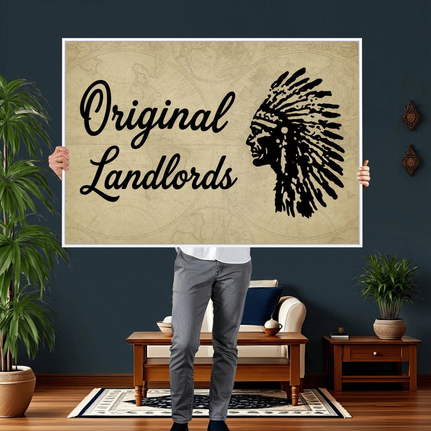56844712-MGV-CV-36X24 - Original Landlords Wall Art Canvas Print, Native American Silhouette Artwork, Framed Wall Art Ready to Hang