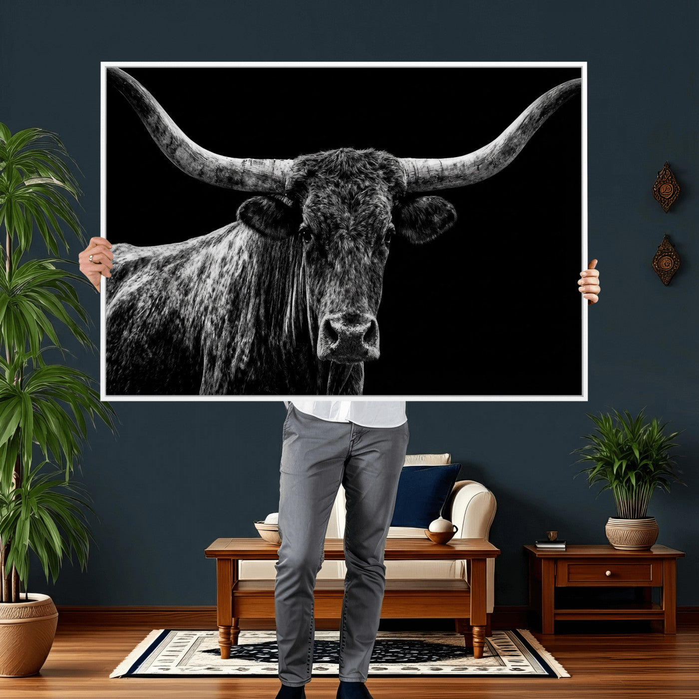 86568508-MGV-CV-36X24 - Vintage Texas Longhorn Bull Wall Art Canvas Print, Texas Cow Portrait Print, Framed Bull Wall Art Ready to Hang