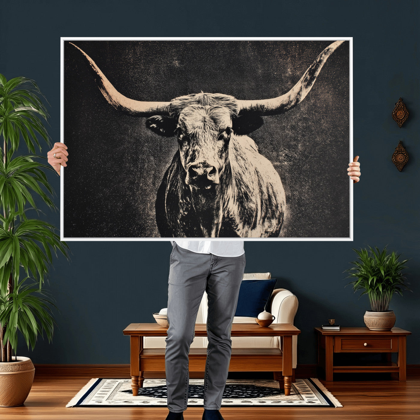 27394218-MGV-CV-36X24 - Vintage Texas Longhorn Bull Wall Art Canvas Print, Cow Portrait Photography Print, Framed Wall Art Ready to Hang