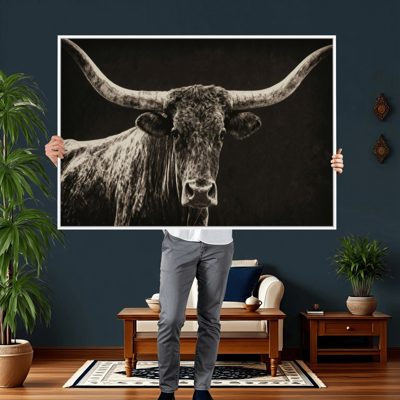 74513721-MGV-CV-36X24 - Vintage Texas Longhorn Bull Wall Art Canvas Print, Cow Portrait Photography Print, Framed Wall Art Ready to Hang