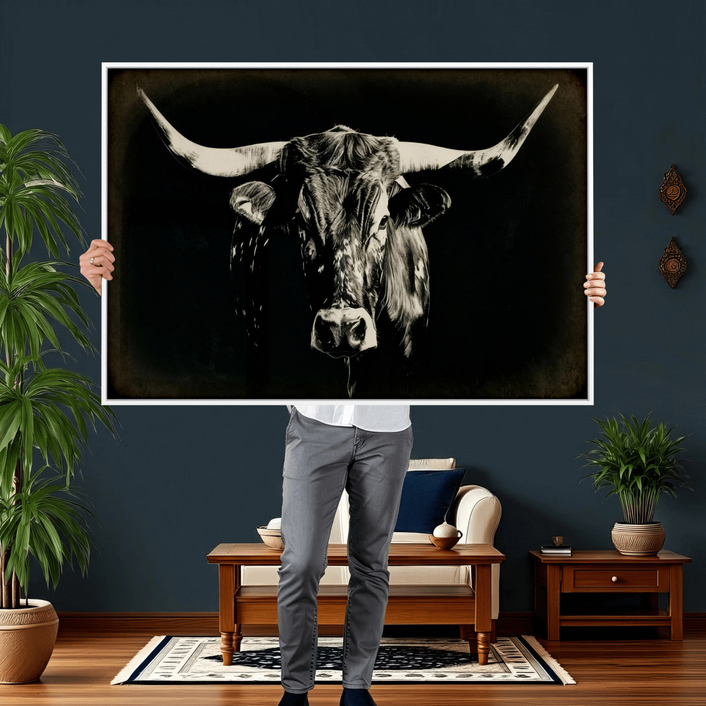 91364114-MGV-CV-36X24 - Black Bull Wall Art Canvas Print, Texas Longhorn Portrait Print, Framed Wall Art Ready to Hang