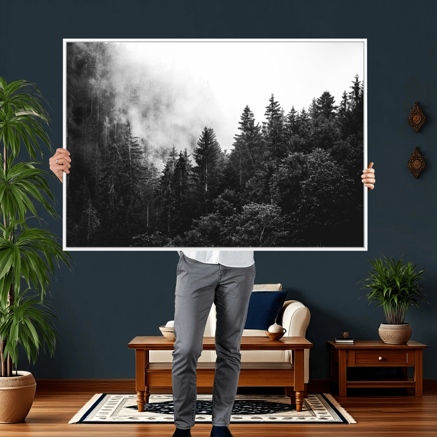 98764151-MGV-CV-36X24 - Black and White Forest Wall Art Canvas Print, Misty Pine Tree Landscape Photography, Framed Wall Art Ready to Hang