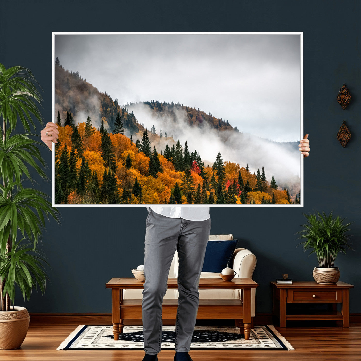 93581632-MGV-CV-36X24 - Autumn Forest Wall Art Canvas Print, Foggy Mountain Landscape Nature Photography, Framed Wall Art Ready to Hang