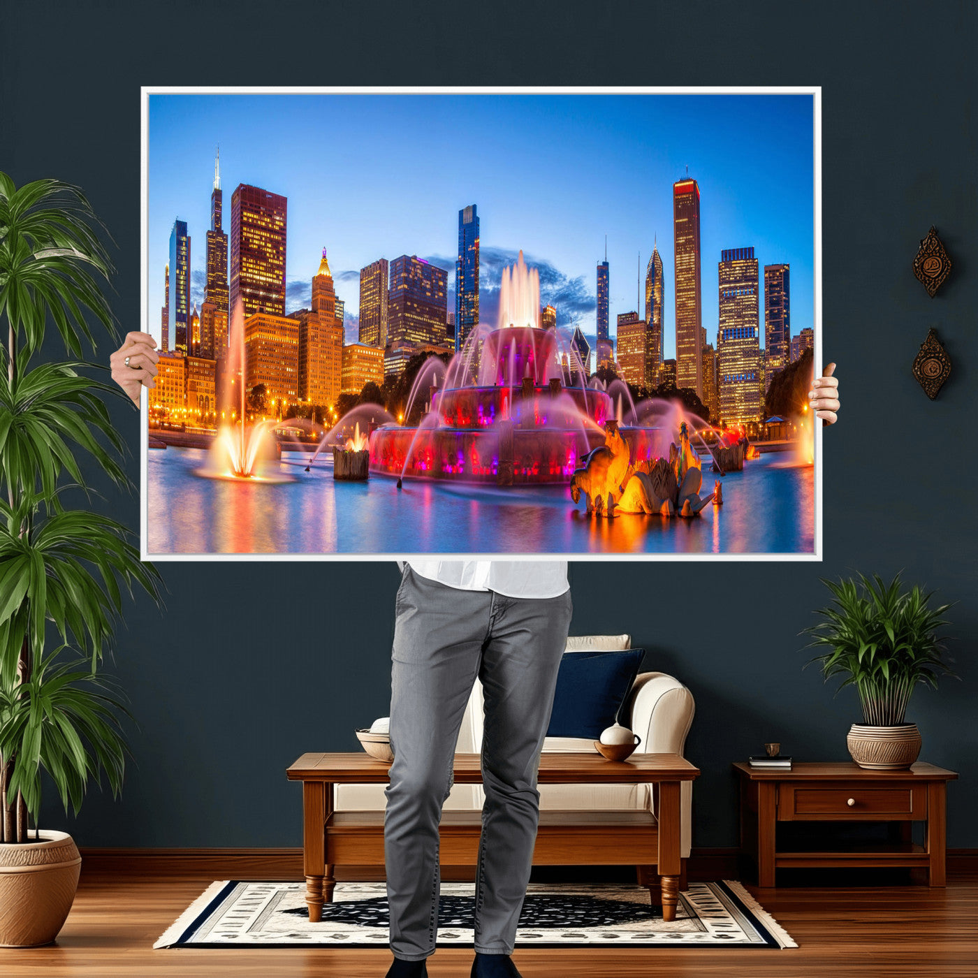 20251989-MGV-CV-36X24 - Chicago Wall Art Canvas Print, Chicago City Downtown Night Cityscape Print for Modern Urban Wall Decor