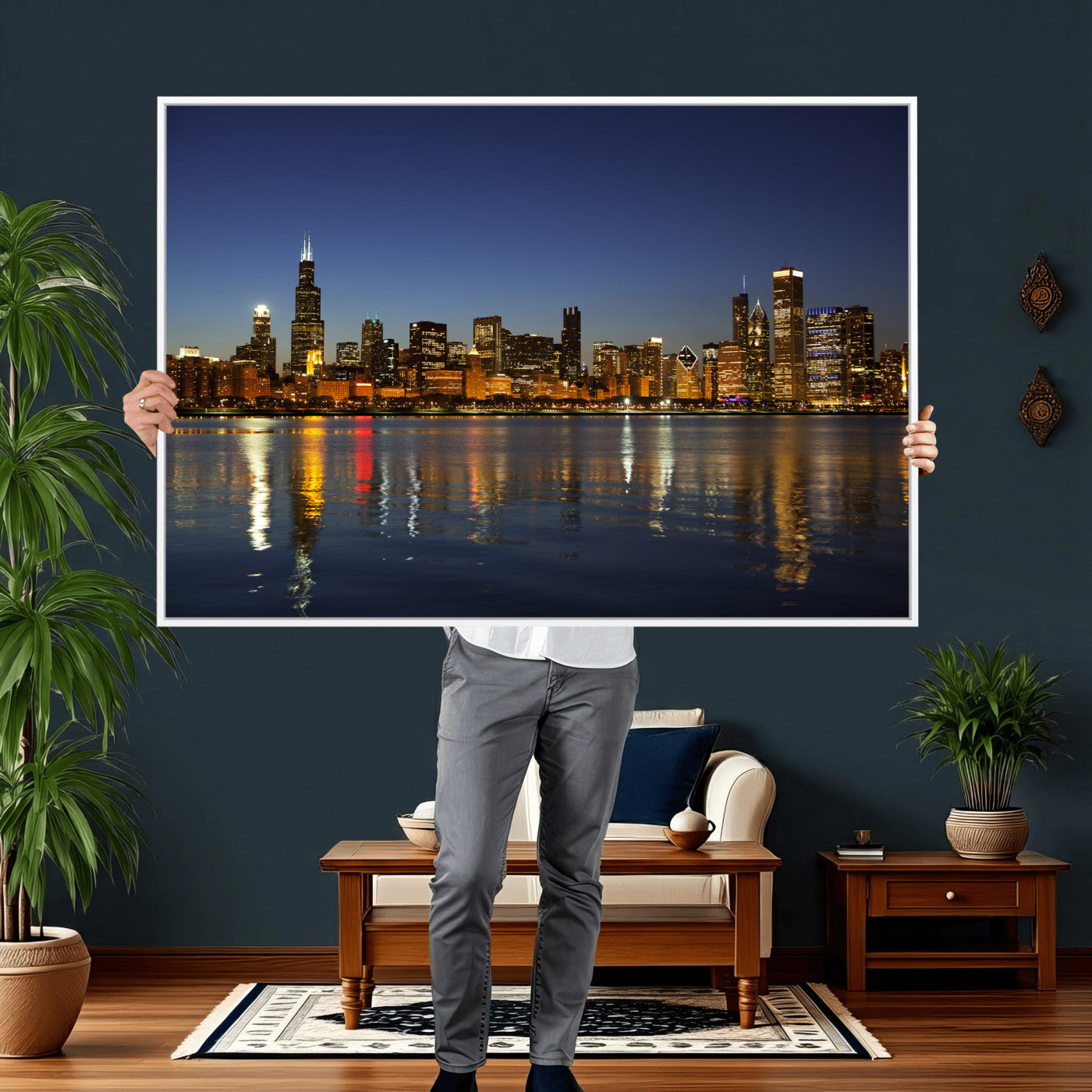 67308035-MGV-CV-36X24 - Chicago Wall Art Canvas Print, Chicago City Downtown Night Cityscape Print for Modern Urban Wall Decor