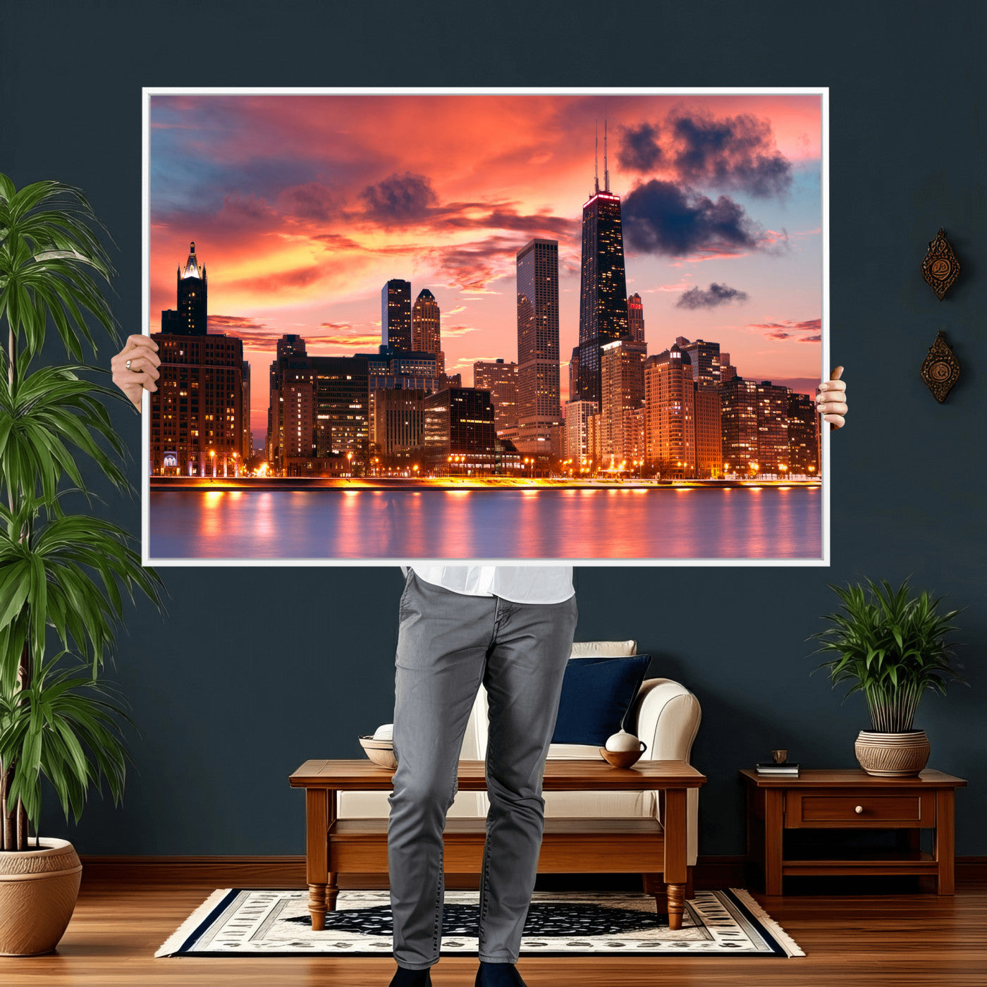 80390109-MGV-CV-36X24 - Chicago Wall Art Canvas Print, Chicago City Downtown Night Cityscape Print for Modern Urban Wall Decor