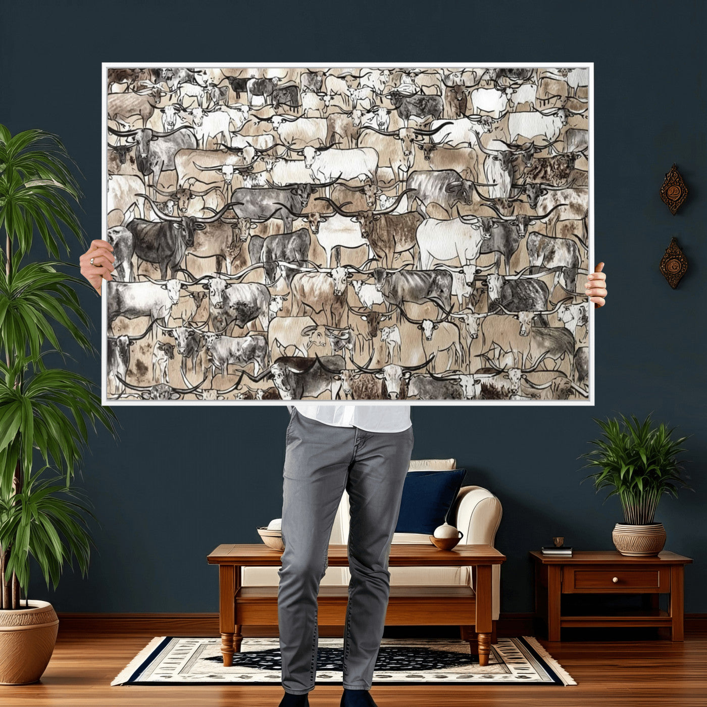 64368752-MGV-CV-36X24 - Farmhouse Animals Wall Art Canvas Print - Abstract Farm Animal Drawing Mid-Century Wall Art for Cabin Decor