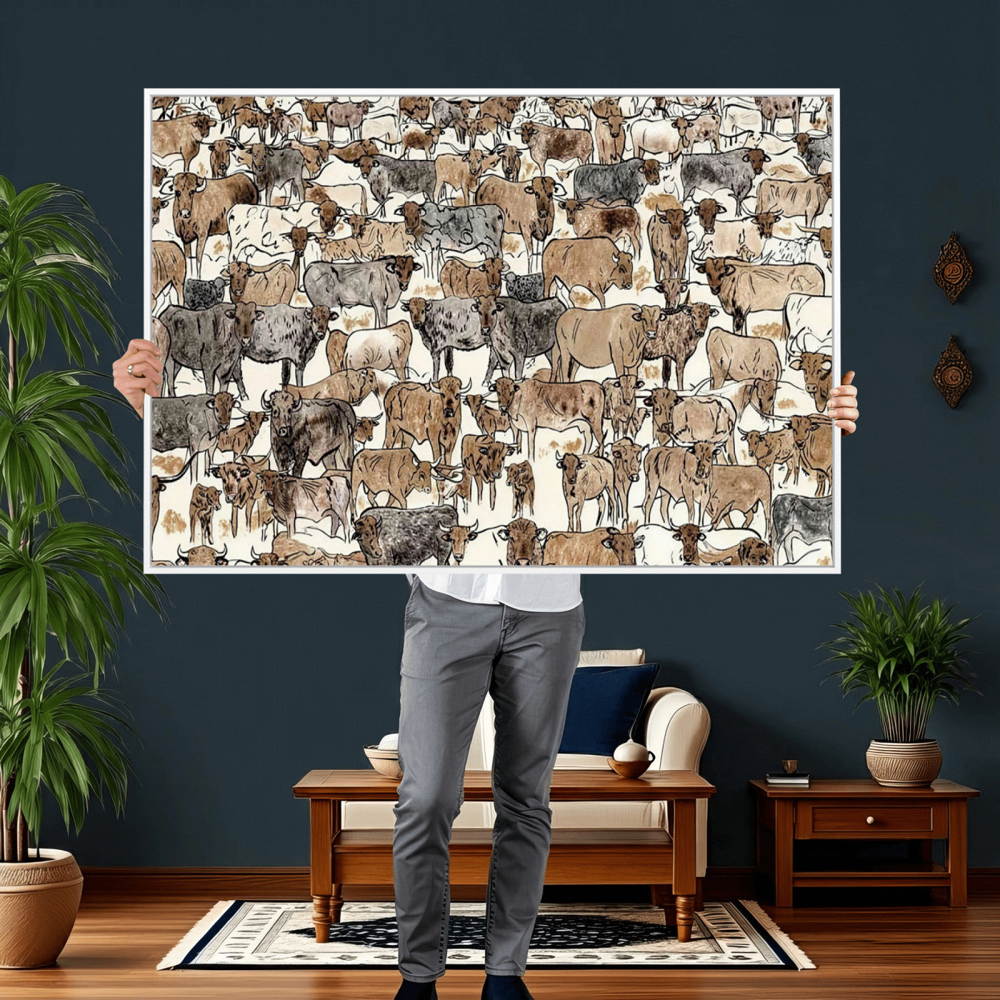 76902119-MGV-CV-36X24 - Farmhouse Animals Wall Art Canvas Print - Abstract Farm Animal Drawing Mid-Century Wall Art for Cabin Decor