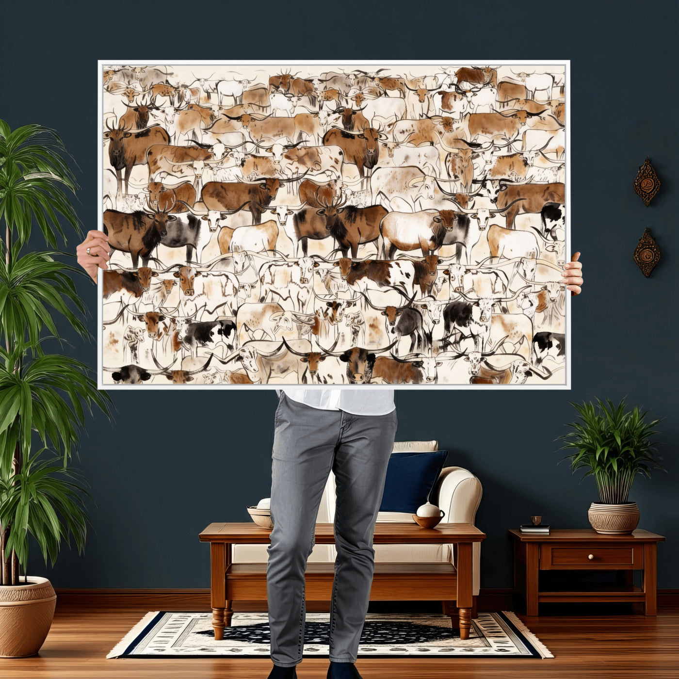 81416572-MGV-CV-36X24 - Farmhouse Animals Wall Art Canvas Print - Abstract Farm Animal Drawing Mid-Century Wall Art for Cabin Decor