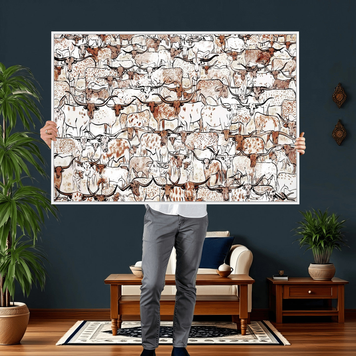 71869761-MGV-CV-36X24 - Farmhouse Animals Wall Art Canvas Print - Abstract Farm Animal Drawing Mid-Century Wall Art for Cabin Decor
